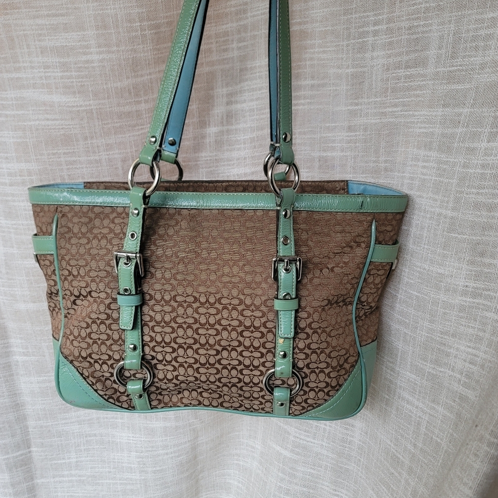 Coach Brown Signature Canvas Tote with Mint Trim and Straps - Picture 9 of 12